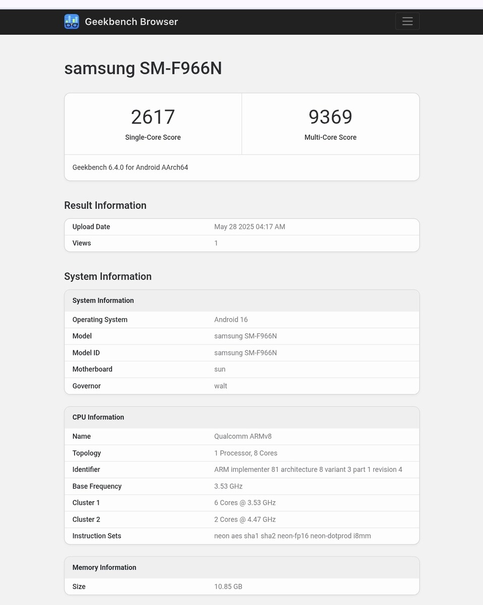 Samsung Galaxy Z Fold 7 Geekbench